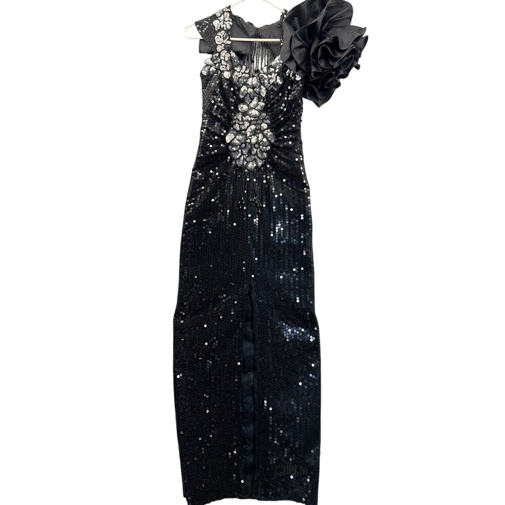Alyce Designs Vintage Black Silver Full Sequin Front Slit Prom Dress Women 4